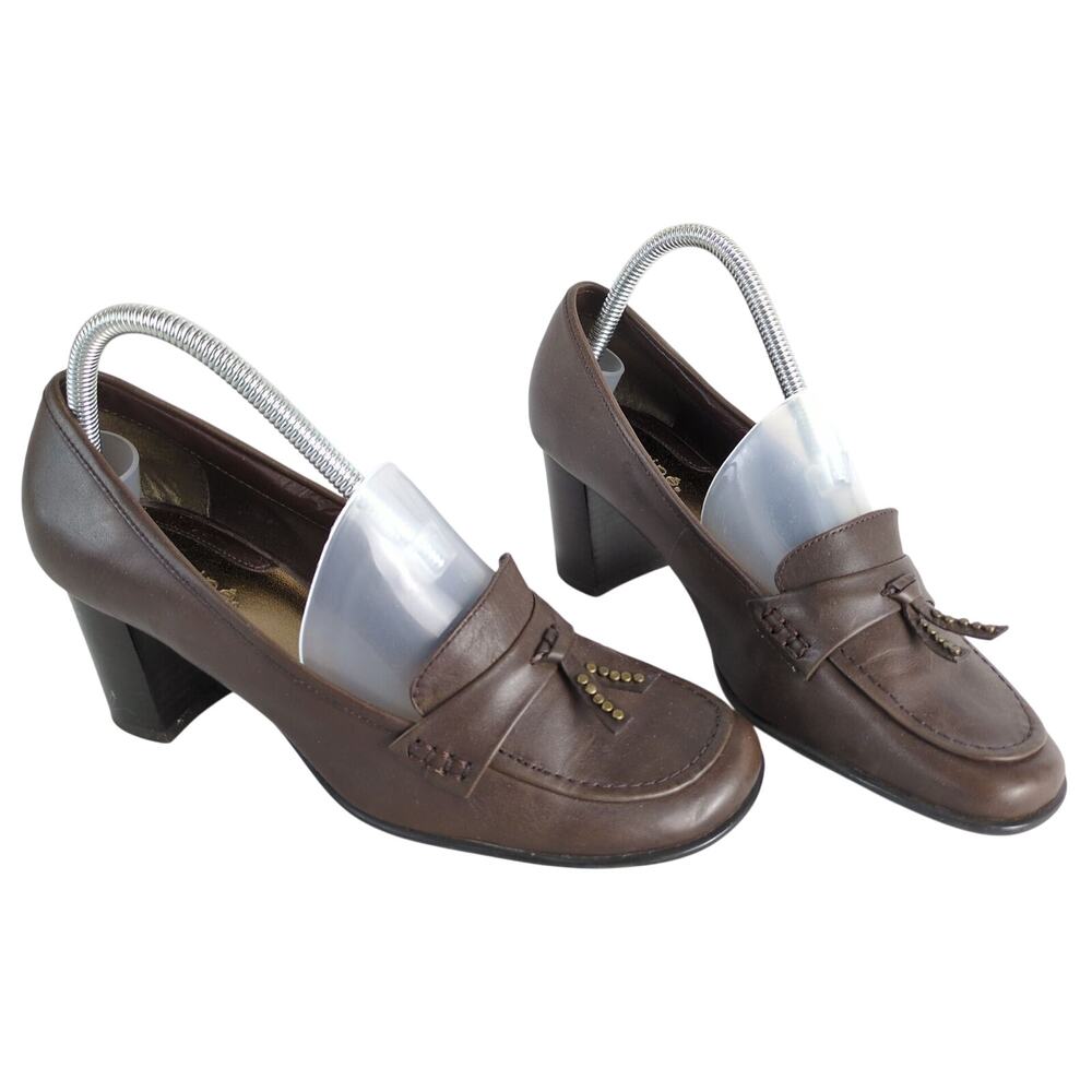 Maripe Women's 8 Brown Leather 2.75" Block Heel Loafer Shoes Tassel Y2K Academia